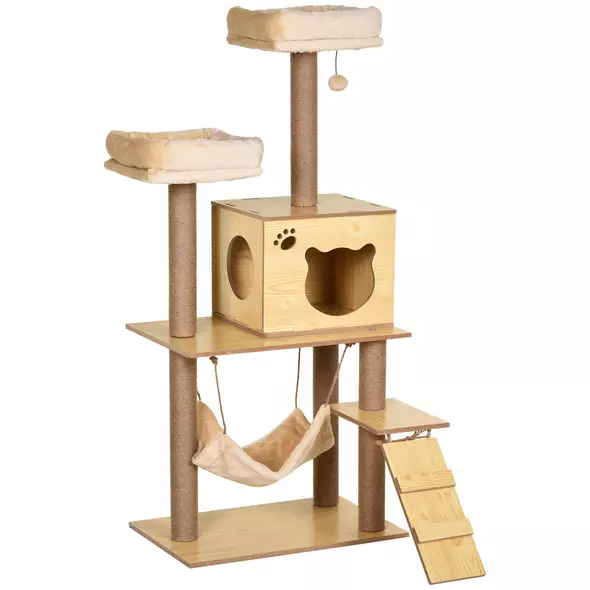 PawHut 130cm Cat Tree for Indoor Cats, Multi-Level Plush Cat Tower, with Five Scratching Posts, Two Perches, Cat House, Hammock - 1