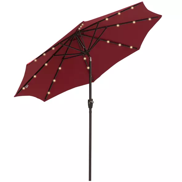 Outsunny Φ2.7m Garden 24 LED Light Parasol Solar Outdoor Tilt Sun Umbrella Patio Club Party Event Manual Sun Shade w/ Hand Crank and 8 Ribs, Red - 1