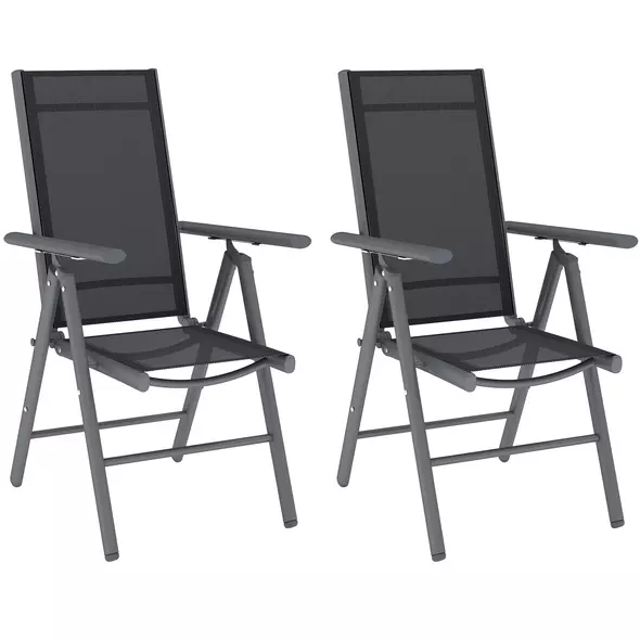 Outsunny Set of 2 Folding Garden Chairs, Aluminium Frame Outdoor Dining Chairs with Breathable Mesh Back and Seat, Garden Folding Chair Set with Armrests for Balcony, Dark Grey - 1