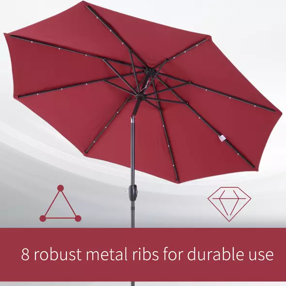 Outsunny Φ2.7m Garden 24 LED Light Parasol Solar Outdoor Tilt Sun Umbrella Patio Club Party Event Manual Sun Shade w/ Hand Crank and 8 Ribs, Red - 7