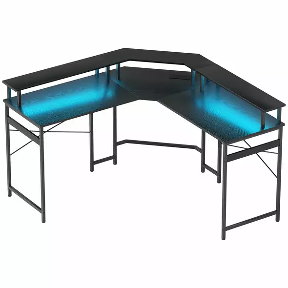 HOMCOM 'L' Shaped Work Desk, with LED Lights - Black - 1