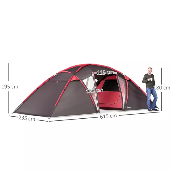 Outsunny 4-6 Man Family Camping Tent w/ 2 Bedrooms and a Living Room, Waterproof Tunnel Tent w/ Sewn In Groundsheet, Doors, Windows, Carry Bag, Grey - 3