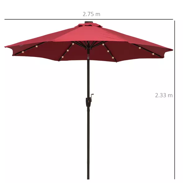 Outsunny Φ2.7m Garden 24 LED Light Parasol Solar Outdoor Tilt Sun Umbrella Patio Club Party Event Manual Sun Shade w/ Hand Crank and 8 Ribs, Red - 3