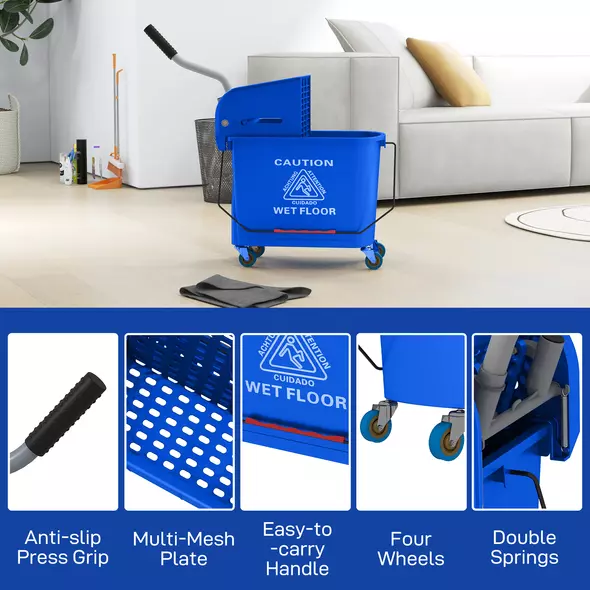 HOMCOM 20L Compact Mop Bucket on Wheels, with Water Separation Panel - Blue - 8