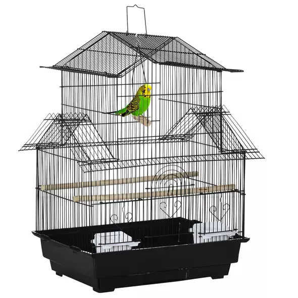 PawHut Metal Bird Cage with Plastic Swing Perch Food Container Tray Handle for Finch Canary Budgie 43.5 x 33 x 63 cm, Black - 1