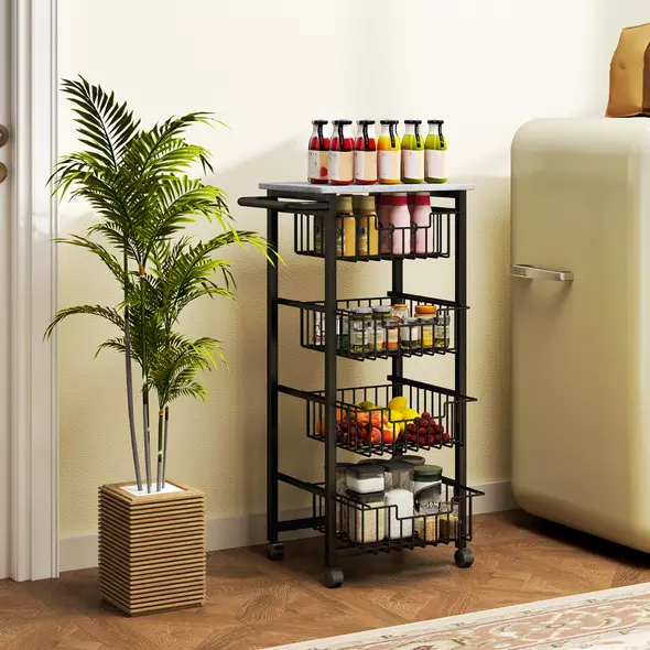 HOMCOM Four Basket Mobile Kitchen Island, with Brakes - Grey/Black - 8