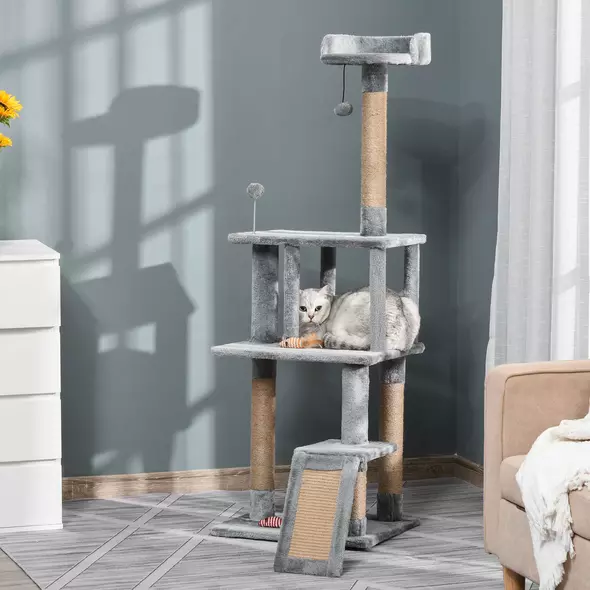 PawHut Cat Tree Tower 142cm Climbing Kitten Activity Center with Jute Scratching Post Board, Removable Felt Hanging Toy, Grey - 9