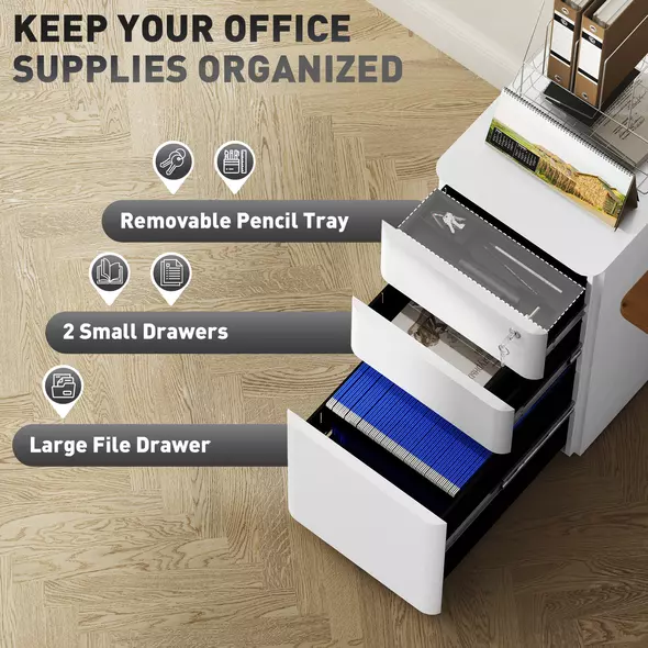 Vinsetto 3-Drawer Steel Filing Cabinet with Lock - White - 4