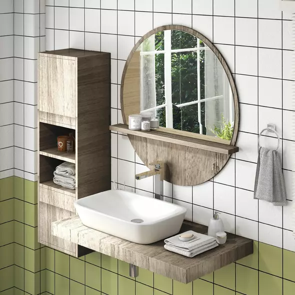 kleankin 45cm Round Home Mirror, with Shelf - Grey Wood-Effect - 7