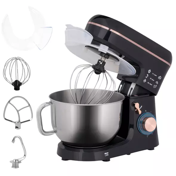 HOMCOM Stand Mixer, 5L Food Mixer for Baking, 6 Speeds and Pulse Setting, 1400W Cake Electric Kitchen Mixer with Dough Hook, Whisk, Stainless Steel Bowl, Splash Guard, Beater, Black - 1