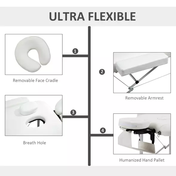 HOMCOM Foldable Massage Bed Portable Table, 3-Section Aluminium Foldable Beauty Couch, Professional Salon Spa Table with Headrest Support and Carry Bag, 81 cm Width, White - 4