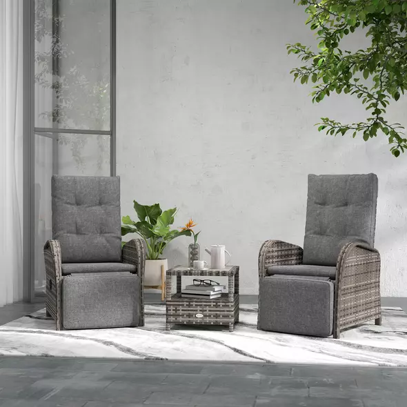 Outsunny 2 Seater Patio Rattan Chaise Lounge Sofa Set with Fabric Cushion, Grey and Brown - 2