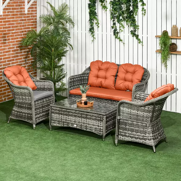 Outsunny Four-Piece Rattan Sofa Set, with Glass-Top Table - Orange - 2