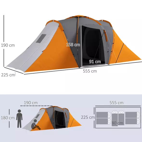 Outsunny Large Camping Tent Tunnel Tent with 2 Bedroom and Living Area, 2000mm Waterproof, Portable with Bag for 4-6 Man, Orange - 3
