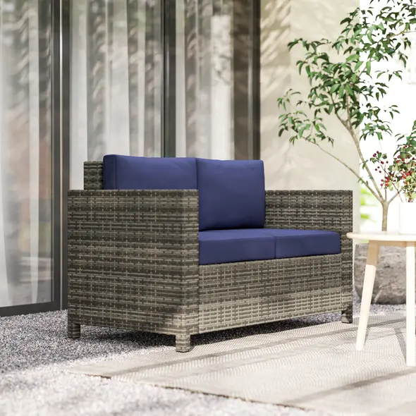 Outsunny Rattan Sofa, 2 Seater Garden Furniture with Soft Padded Cushion and Armrests, Wicker Garden Loveseat for Patio, Navy Blue - 2
