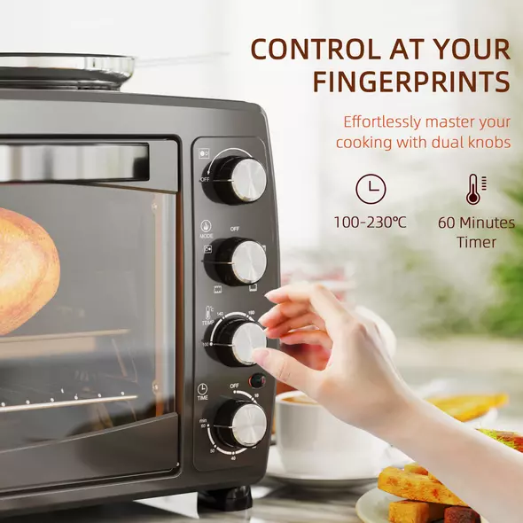 HOMCOM 36L Small Oven with 2 Hot Plates, Countertop Toaster Oven, Grill, Roast, Bake, Boil, with Timer, Adjustable Temperature, Electric Oven with Baking Tray, Grill Rack, Crumb Tray, 2600W, Black - 6