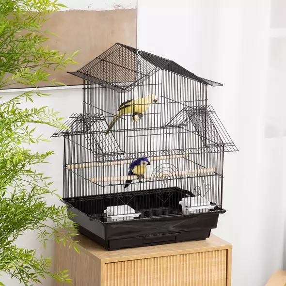 PawHut Metal Bird Cage with Plastic Swing Perch Food Container Tray Handle for Finch Canary Budgie 43.5 x 33 x 63 cm, Black - 2