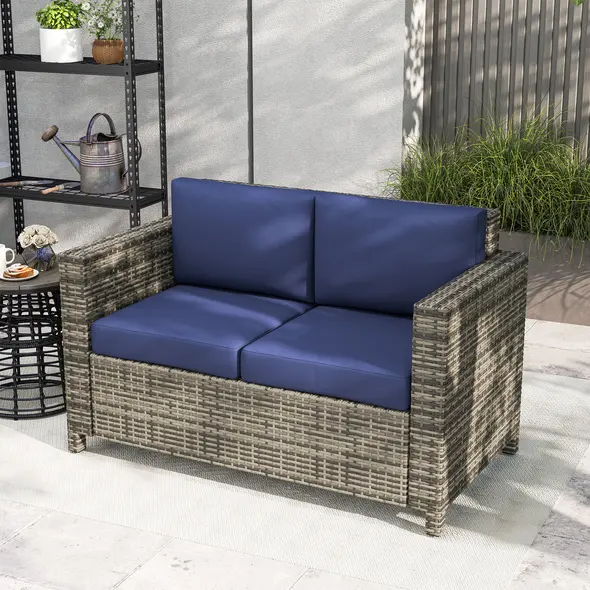 Outsunny Rattan Sofa, 2 Seater Garden Furniture with Soft Padded Cushion and Armrests, Wicker Garden Loveseat for Patio, Navy Blue - 8