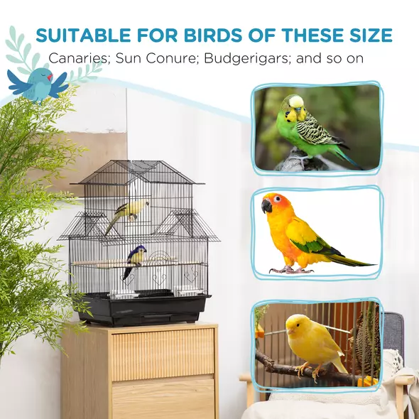 PawHut Metal Bird Cage with Plastic Swing Perch Food Container Tray Handle for Finch Canary Budgie 43.5 x 33 x 63 cm, Black - 7