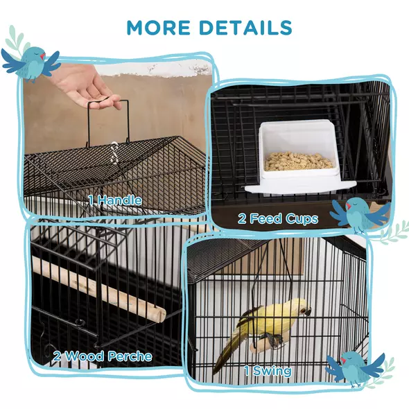 PawHut Metal Bird Cage with Plastic Swing Perch Food Container Tray Handle for Finch Canary Budgie 43.5 x 33 x 63 cm, Black - 4