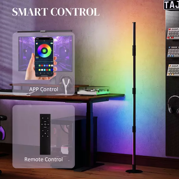 HOMCOM LED Floor Lamp, 360° RGB Detachable Corner Floor Lamp with App & Remote Control, Colour Changing Standing Lamp with Music Sync & Timing, for Living Room, Game Room, Dark Grey - 5