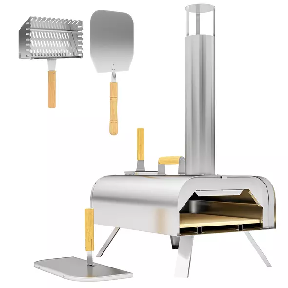 Outsunny Outdoor Pizza Oven, Portable Wood Pellet Pizza Oven with Pizza Stone and Peel, Foldable Legs, Chimney, 12 Inch Wood Fired Pizza Maker for Outdoor Cooking, Stainless Steel - 1