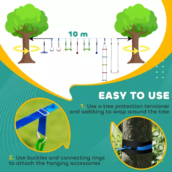 AIYAPLAY 10-Piece Zip Line Kit for Kids with 10m Slackline, Monkey Bars, Swing, Climbing Ladder, Hanging Tray, Metal Rings - 5