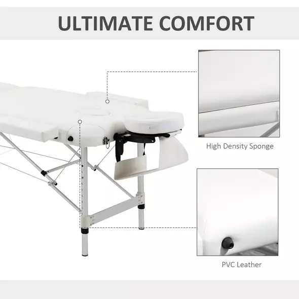 HOMCOM Foldable Massage Bed Portable Table, 3-Section Aluminium Foldable Beauty Couch, Professional Salon Spa Table with Headrest Support and Carry Bag, 81 cm Width, White - 6