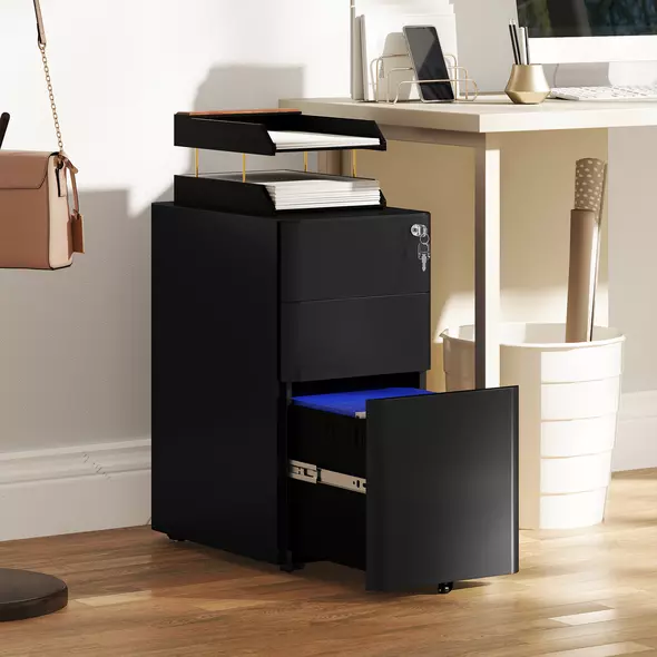 Vinsetto 3-Drawer Steel Filing Cabinet with Lock - Black - 2