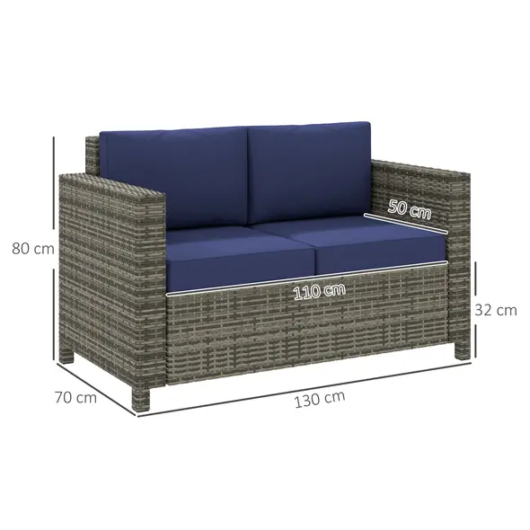 Outsunny Rattan Sofa, 2 Seater Garden Furniture with Soft Padded Cushion and Armrests, Wicker Garden Loveseat for Patio, Navy Blue - 3