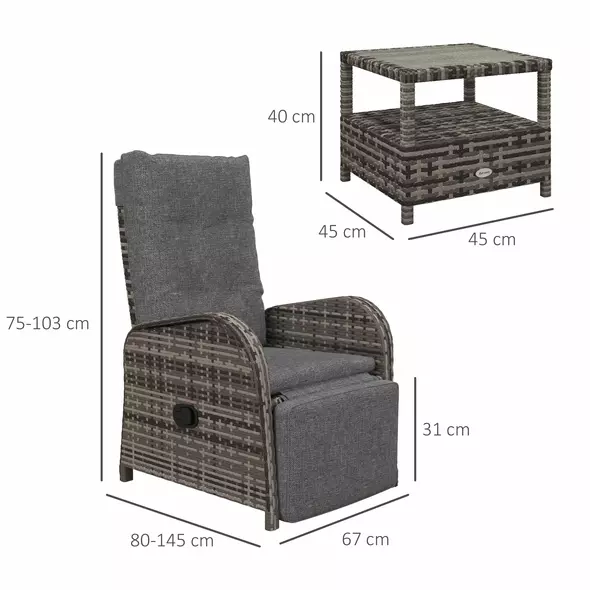 Outsunny 2 Seater Patio Rattan Chaise Lounge Sofa Set with Fabric Cushion, Grey and Brown - 3