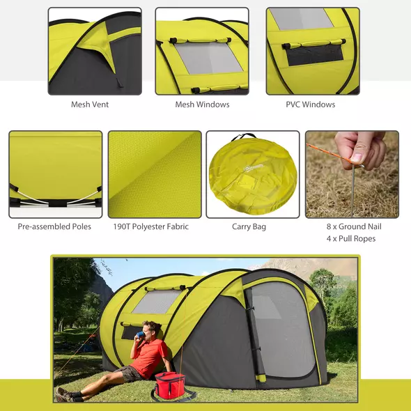Outsunny 4 Person Pop-up Camping Tent Family Tent with Ground Sheet, 4 Windows and Portable Carry Bag for Beach Outdoor Trip, Yellow - 7