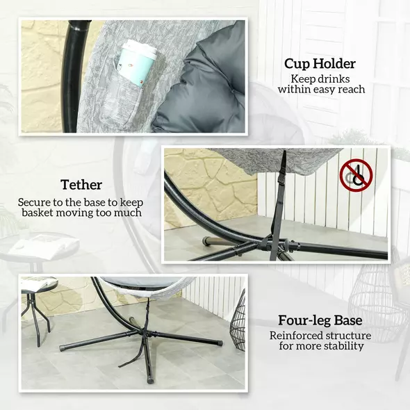 Outsunny Hanging Egg Chair Outdoor Indoor Garden Swing Chair with Folding Basket, Thickened Cushion, Cup Holder for Patio, Balcony, Grey - 7