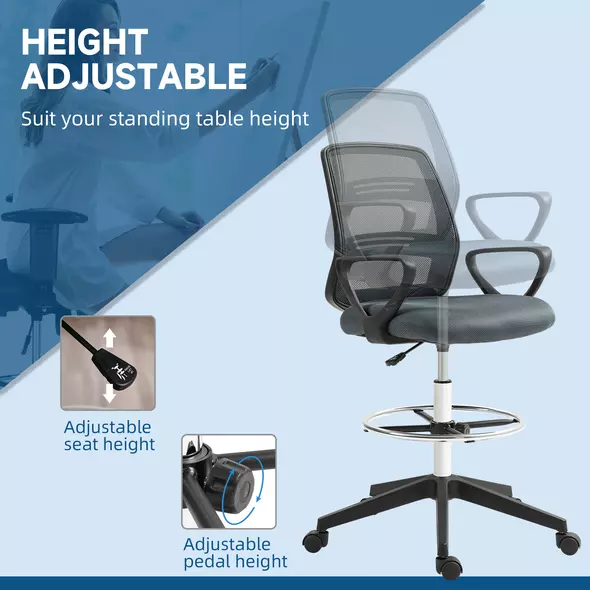 Vinsetto 102.5-126cm Draughtsman Office Chair, with Footrest - Grey - 6