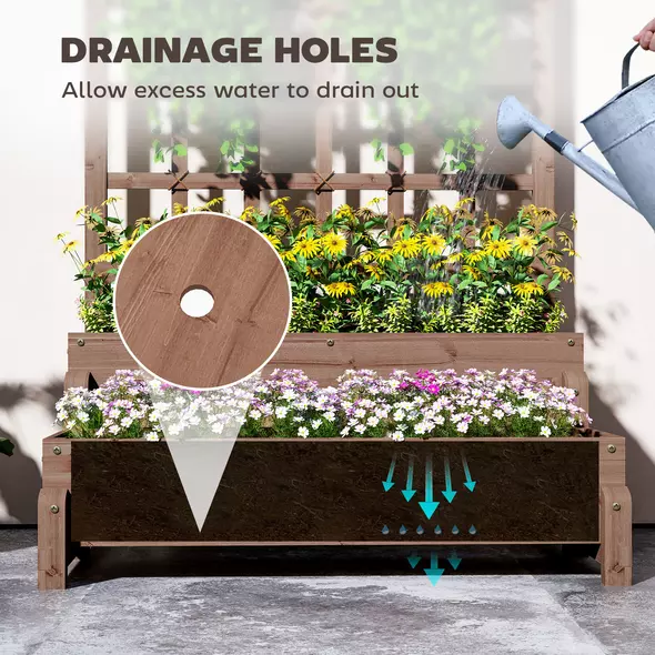 Outsunny 2-Tier Raised Garden Bed with Trellis, Wooden Elevated Planter Box with Drainage Holes, Outdoor Raised Planter for Climbing Plants, Fruits, Vegetables, Flowers, Brown - 5