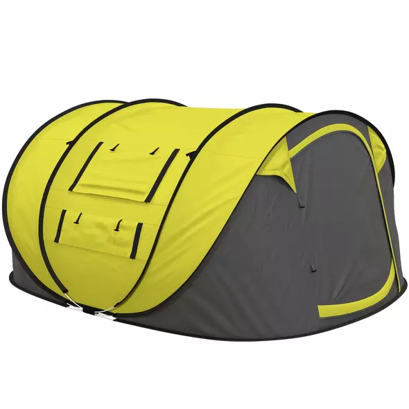 Outsunny 4 Person Pop-up Camping Tent Family Tent with Ground Sheet, 4 Windows and Portable Carry Bag for Beach Outdoor Trip, Yellow - 1