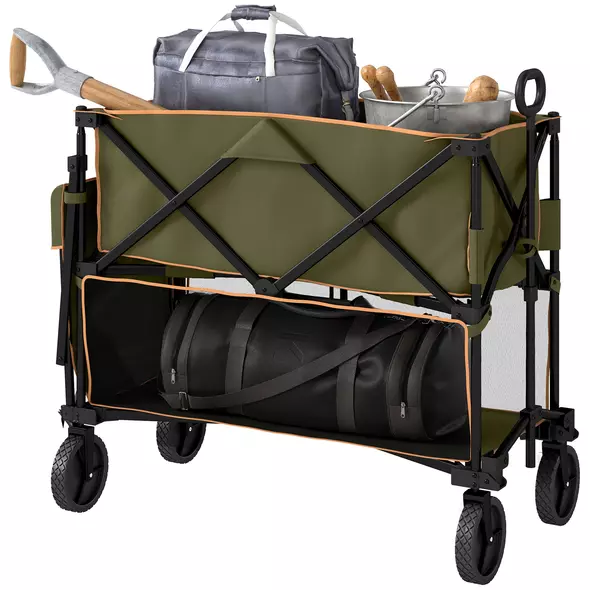 Outsunny Double Decker Folding Festival Trolley on Wheels, 200KG & 350L Capacity Collapsible Wagon Festival Trolley Cart with 134cm Extended for Camping Sports Shopping Garden and Beach, Grey - 1