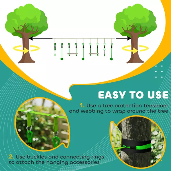 AIYAPLAY 7-Piece Kids Zip Line Kit for Garden, 10m Kids Slackline Kit with Wooden Monkey Bars, Metal Rings, Gripping Balls, Green - 5