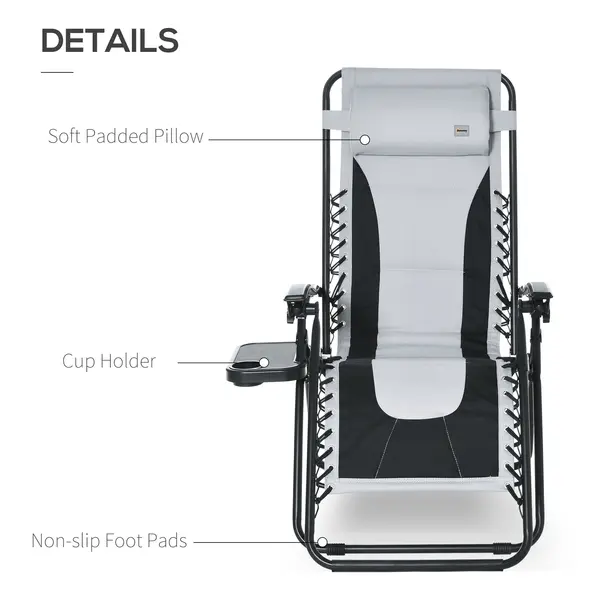 Outsunny Zero Gravity Lounger Chair, Folding Reclining Patio Chair with Padded Seat, Cup Holder, Soft Cushion and Headrest for Poolside, Camping, Light Grey - 7
