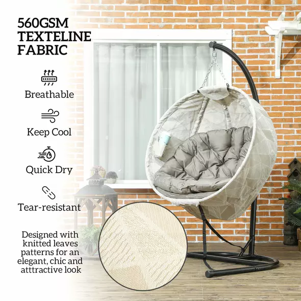 Outsunny Hanging Egg Chair Outdoor Indoor Garden Swing Chair with Folding Basket, Garden Hanging Chair with Stand, Thickened Cushion, Cup Holder for Patio, Balcony, Sand Brown - 5