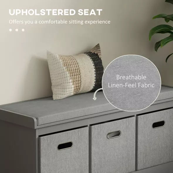 HOMCOM Three-Drawer Shoe Storage Bench, with Padded Top Seat - Grey - 4