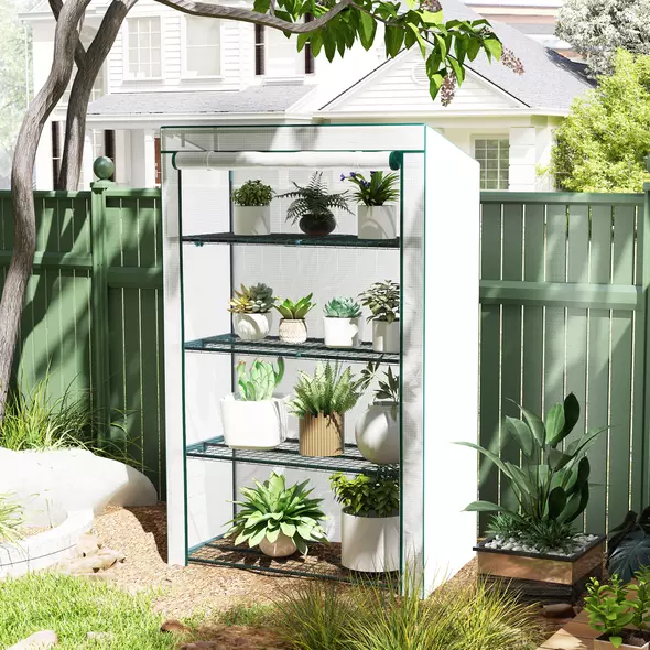 Outsunny Four-Tier Mini Greenhouse - Green/White - 2