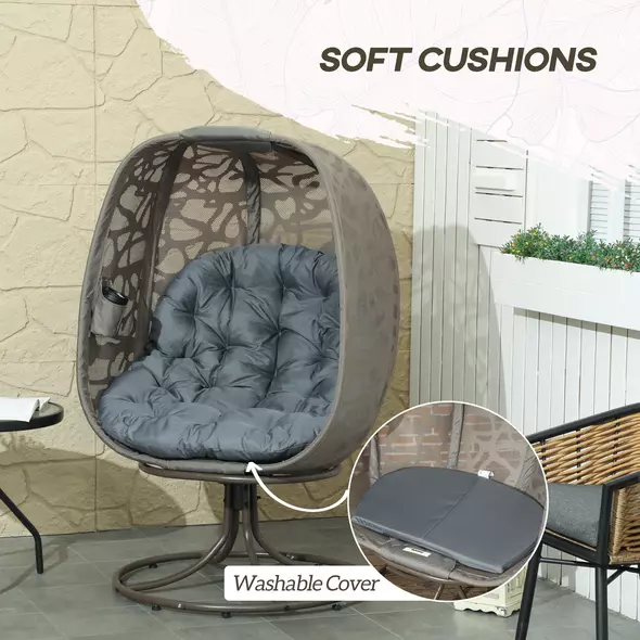 Outsunny Swivel Egg Chair with Cushions, Foldable Basket Seat and Metal Frame, Indoor Outdoor Lounge Chair for Balcony, Patio and Living Room, Grey - 5