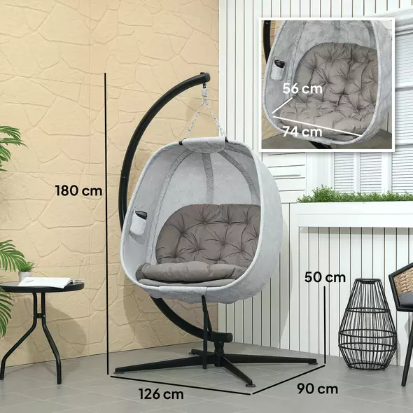 Outsunny Hanging Egg Chair Outdoor Indoor Garden Swing Chair with Folding Basket, Garden Hanging Chair with Stand, Thickened Cushion, Cup Holder for Patio, Balcony, Sand Brown - 3