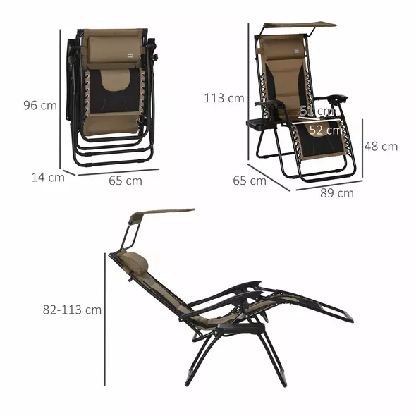 Outsunny Zero Gravity Lounger Chair, Folding Reclining Patio Chair with Shade Cover, Padded Seat, Cup Holder, Soft Cushion and Headrest for Poolside, Camping, Coffee - 3