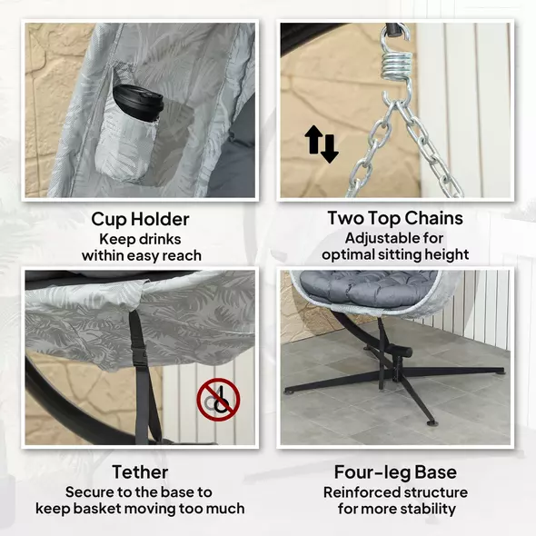 Outsunny Hanging Egg Chair Outdoor Indoor Garden Swing Chair with Folding Basket, Garden Hanging Chair with Stand, Thickened Cushion, Cup Holder for Patio, Balcony, Grey - 7