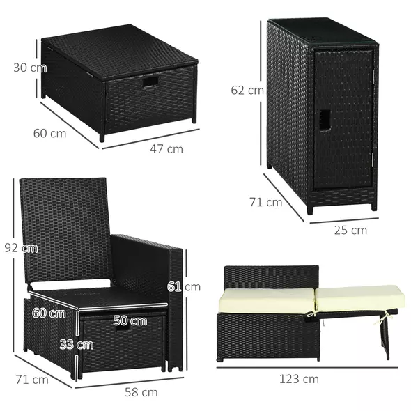 Outsunny 5PC PE Rattan Sun Lounger, Outdoor Wicker 5-level Adjustable Recliner Sofa Bed with Storage Side Table and Footstools, for Patio, Garden, Poolside, Black - 3