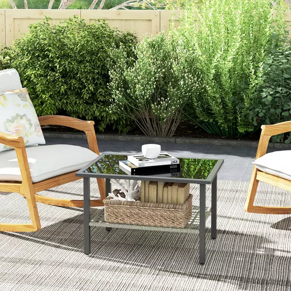 Outsunny Outdoor Rattan Coffee Table with Tempered Glass Top, Storage Shelf, Foot Pads, for Patio, Balcony, Mixed-grey - 7