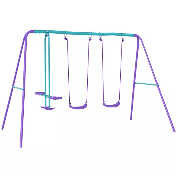 Outsunny Metal Swing Set, with Seesaw, Adjustable Height, for Ages 3+ Years, Purple - 1