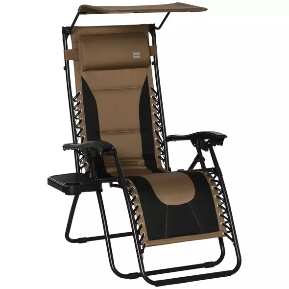 Outsunny Zero Gravity Lounger Chair, Folding Reclining Patio Chair with Shade Cover, Padded Seat, Cup Holder, Soft Cushion and Headrest for Poolside, Camping, Coffee - 1